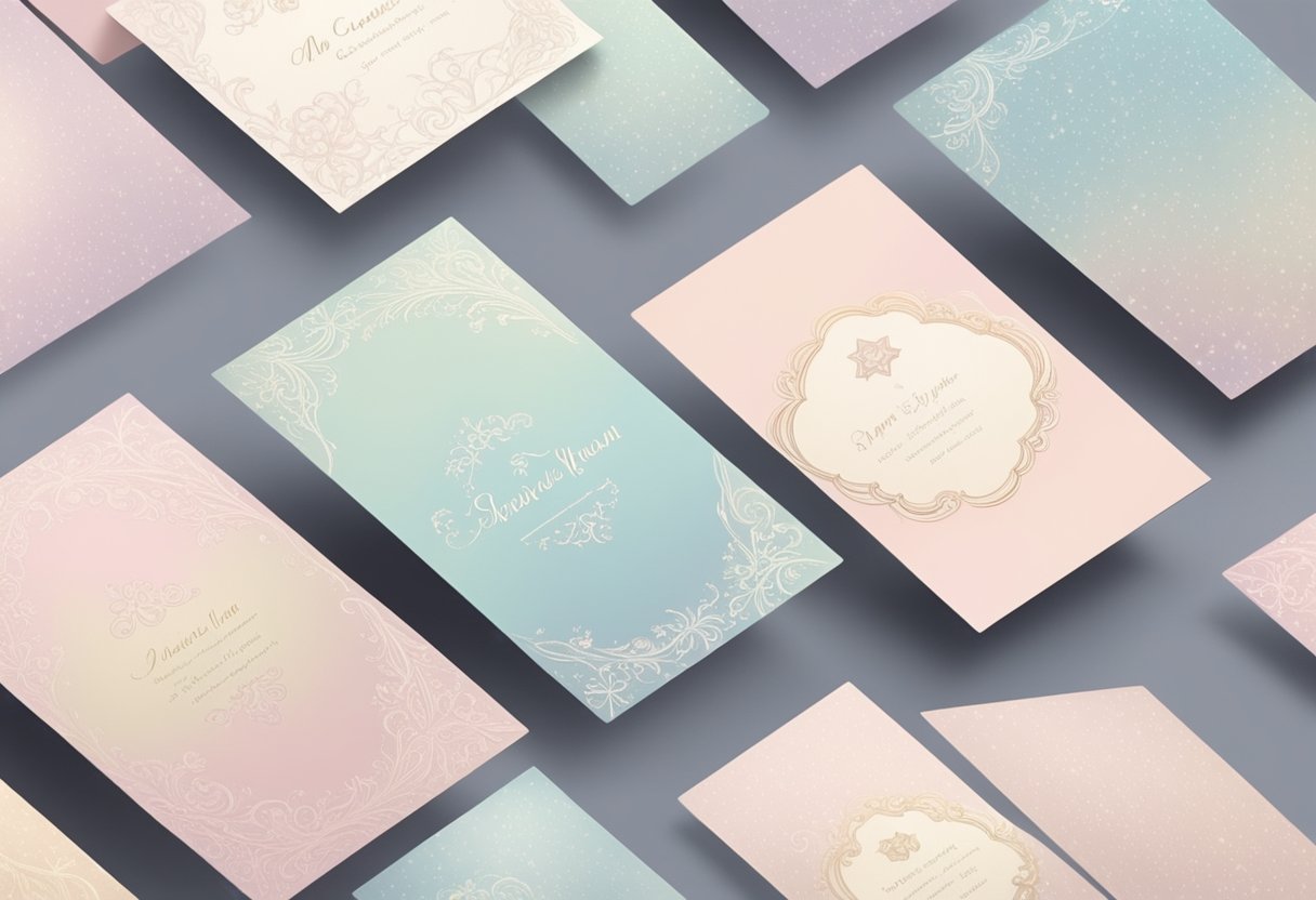 A collection of delicate, pastel-colored name cards with ornate calligraphy, surrounded by soft, fluffy clouds and twinkling stars