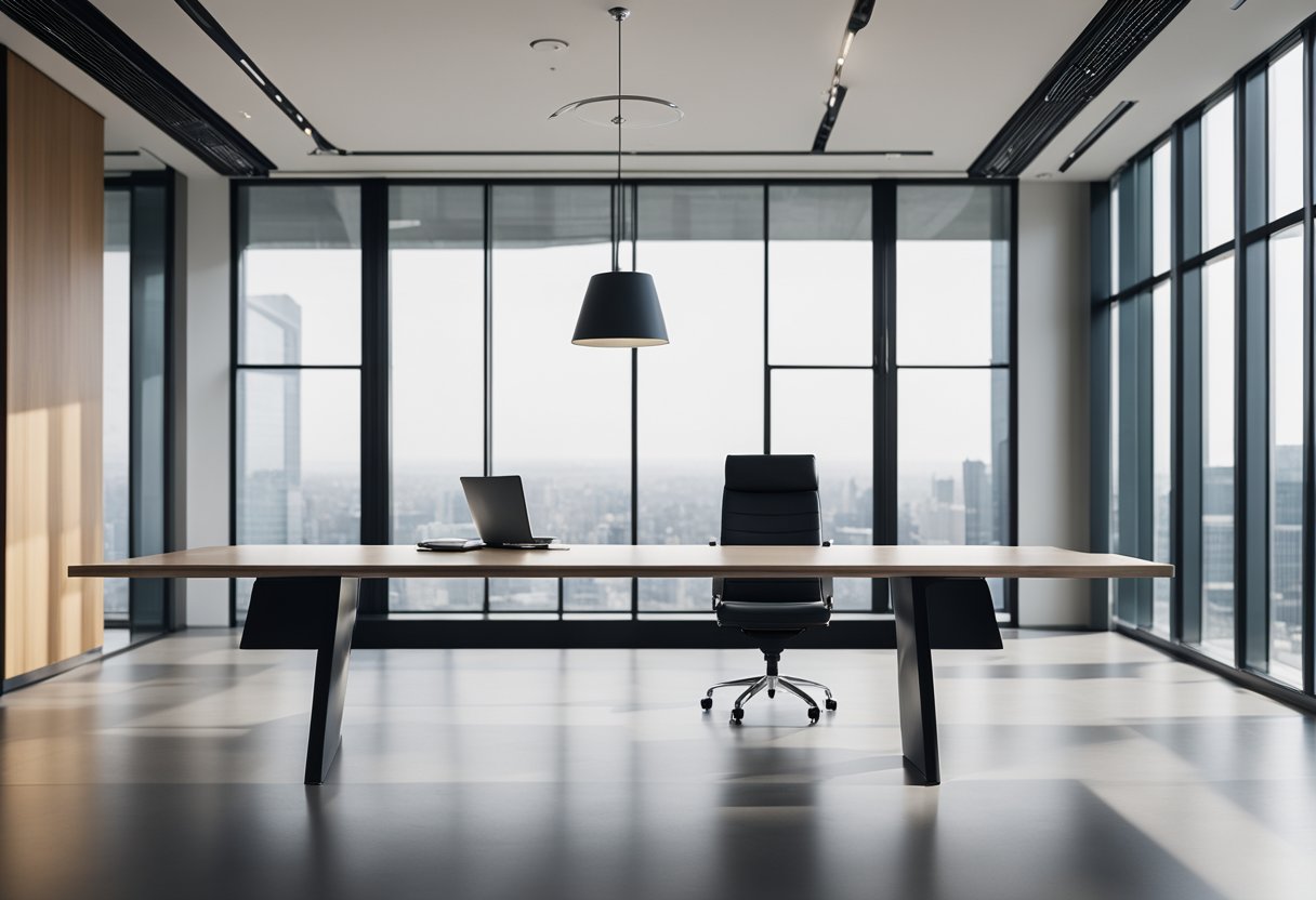 A person selects a sleek, modern long office table with clean lines and a minimalist design. The table is set against a backdrop of a bright, spacious office with large windows and contemporary furnishings