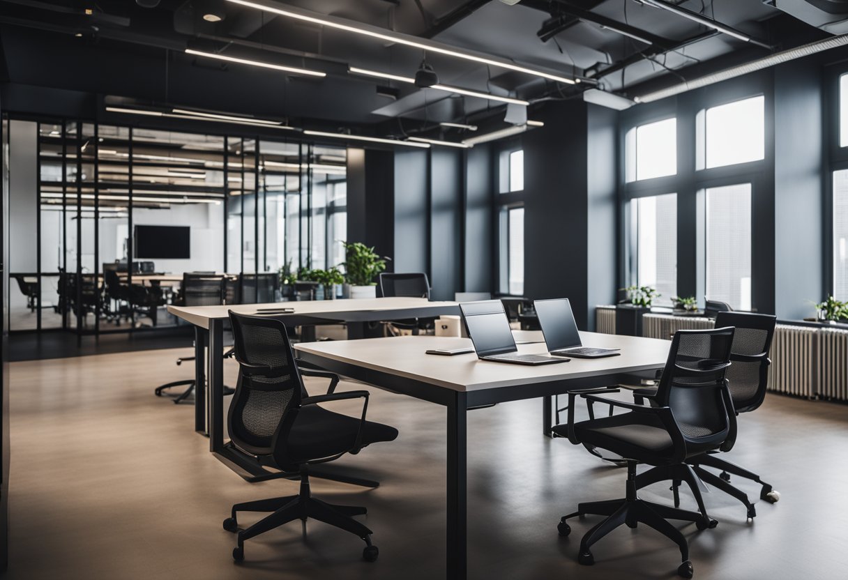 A long office table with multiple chairs, a sleek and modern design, organized with neatly placed FAQ documents and a laptop