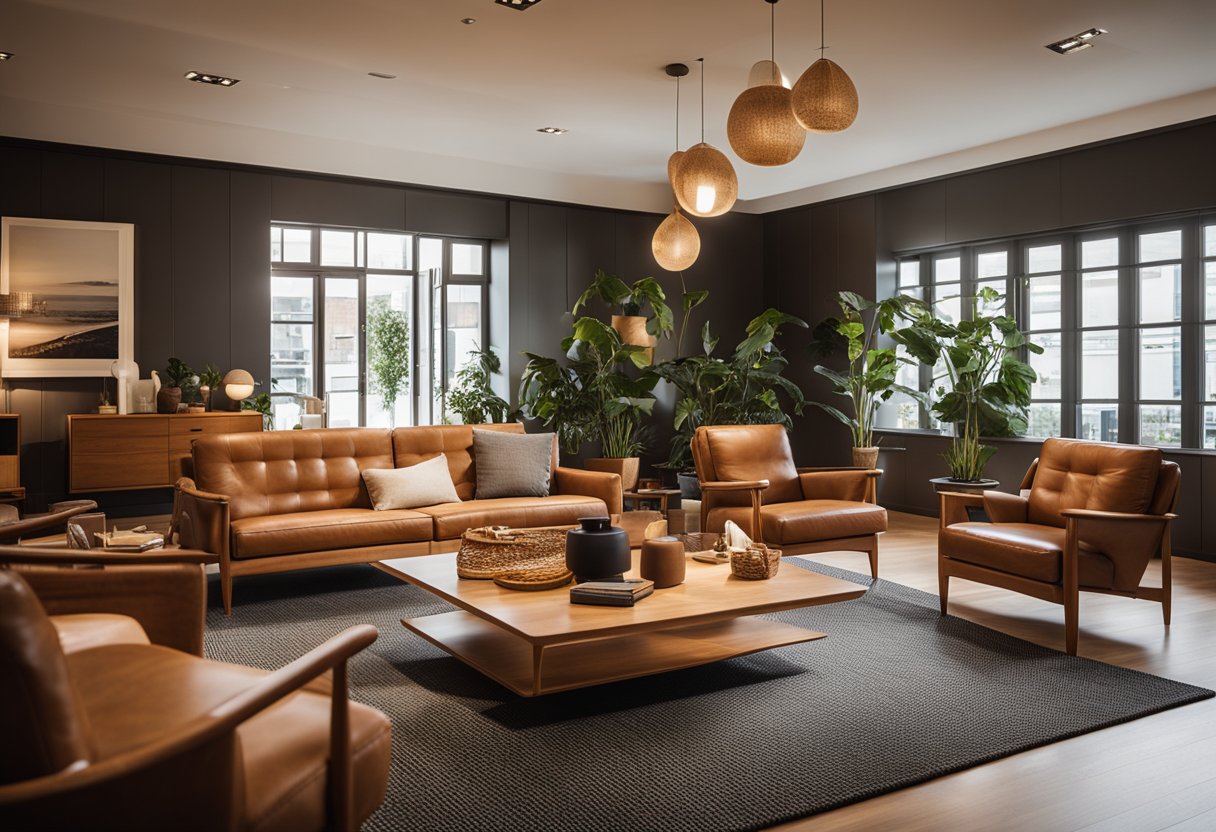 A cozy showroom filled with iconic Danish furniture, showcasing sleek lines and timeless designs. Warm lighting highlights the rich wood grains and elegant craftsmanship