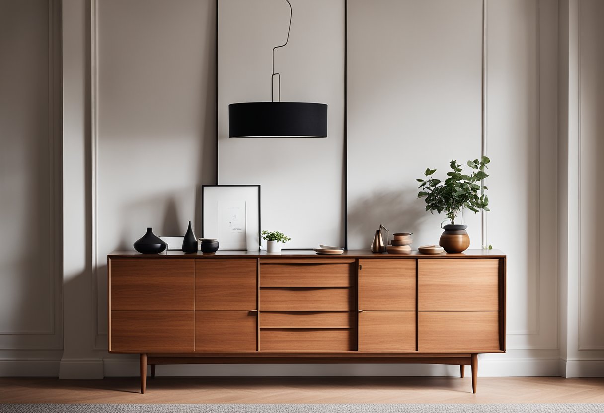 A sleek, teak Danish sideboard sits against a white wall in a modern living room. A mid-century armchair and coffee table complete the stylish, minimalist setting