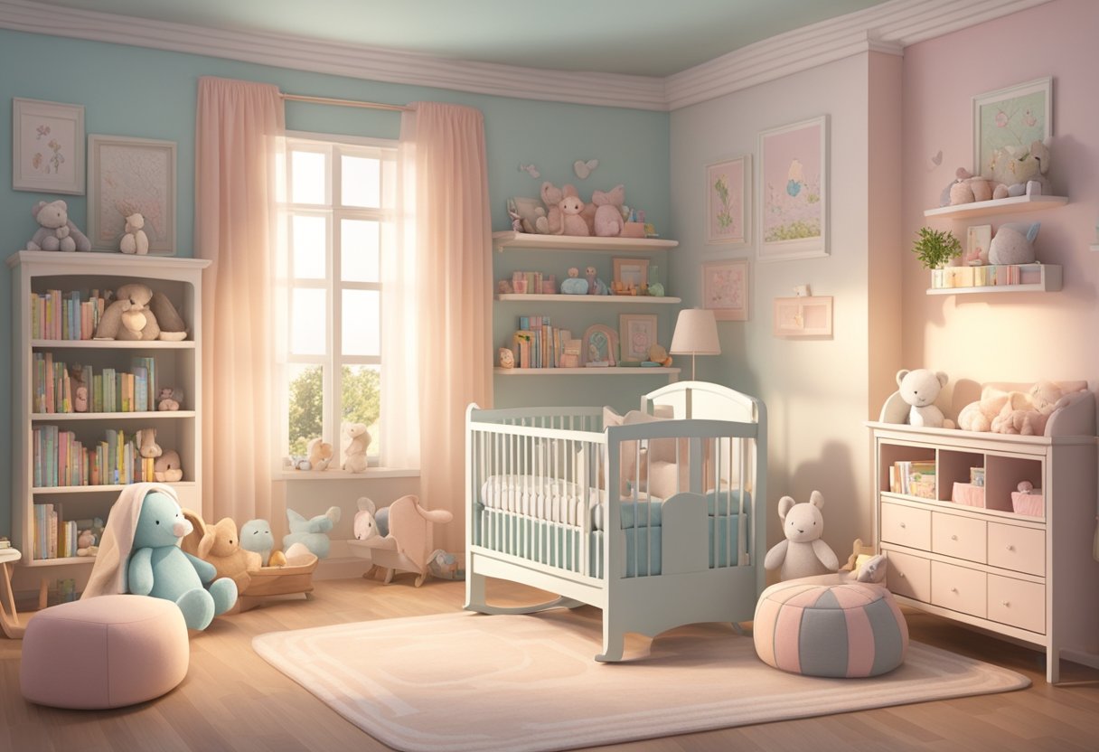 A nursery with soft pastel colors, a cozy rocking chair, and shelves filled with storybooks and stuffed animals
