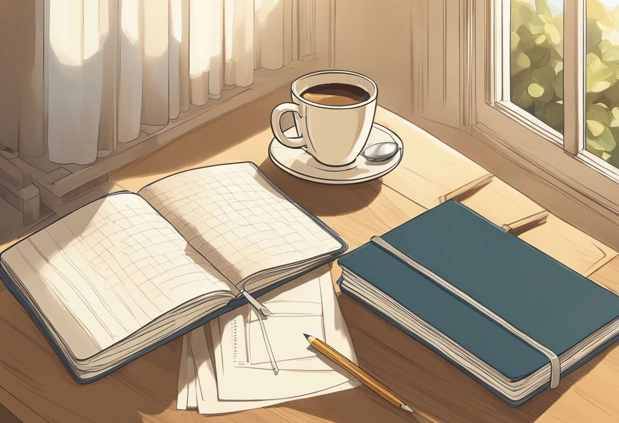 A notebook with lists of one-syllable words, a pencil, and a cup of coffee on a cozy desk by a sunny window
