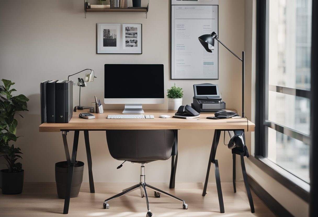 A compact desk with a computer, phone, and organized supplies. A comfortable chair and natural light from a window
