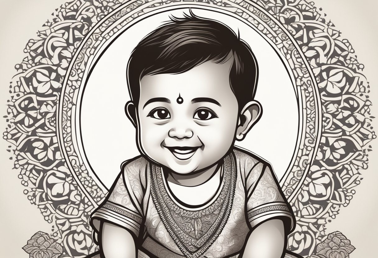 A smiling baby boy with chubby cheeks and bright eyes, surrounded by traditional Indian Telugu symbols and patterns