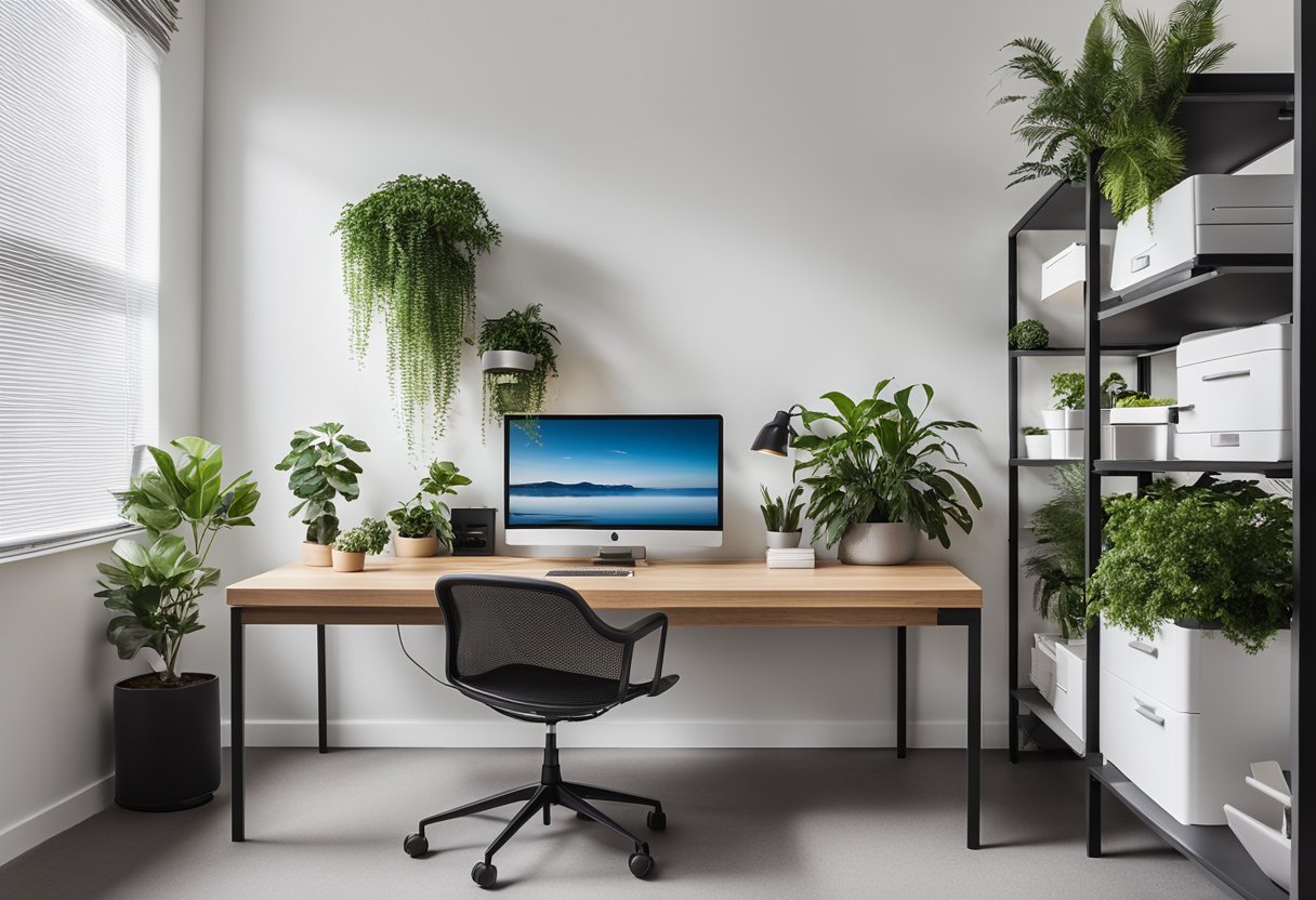A sleek, modern office space with a minimalist desk, computer, and chair. A wall-mounted shelf displays neatly organized office supplies. A large window lets in natural light, and a potted plant adds a touch of greenery