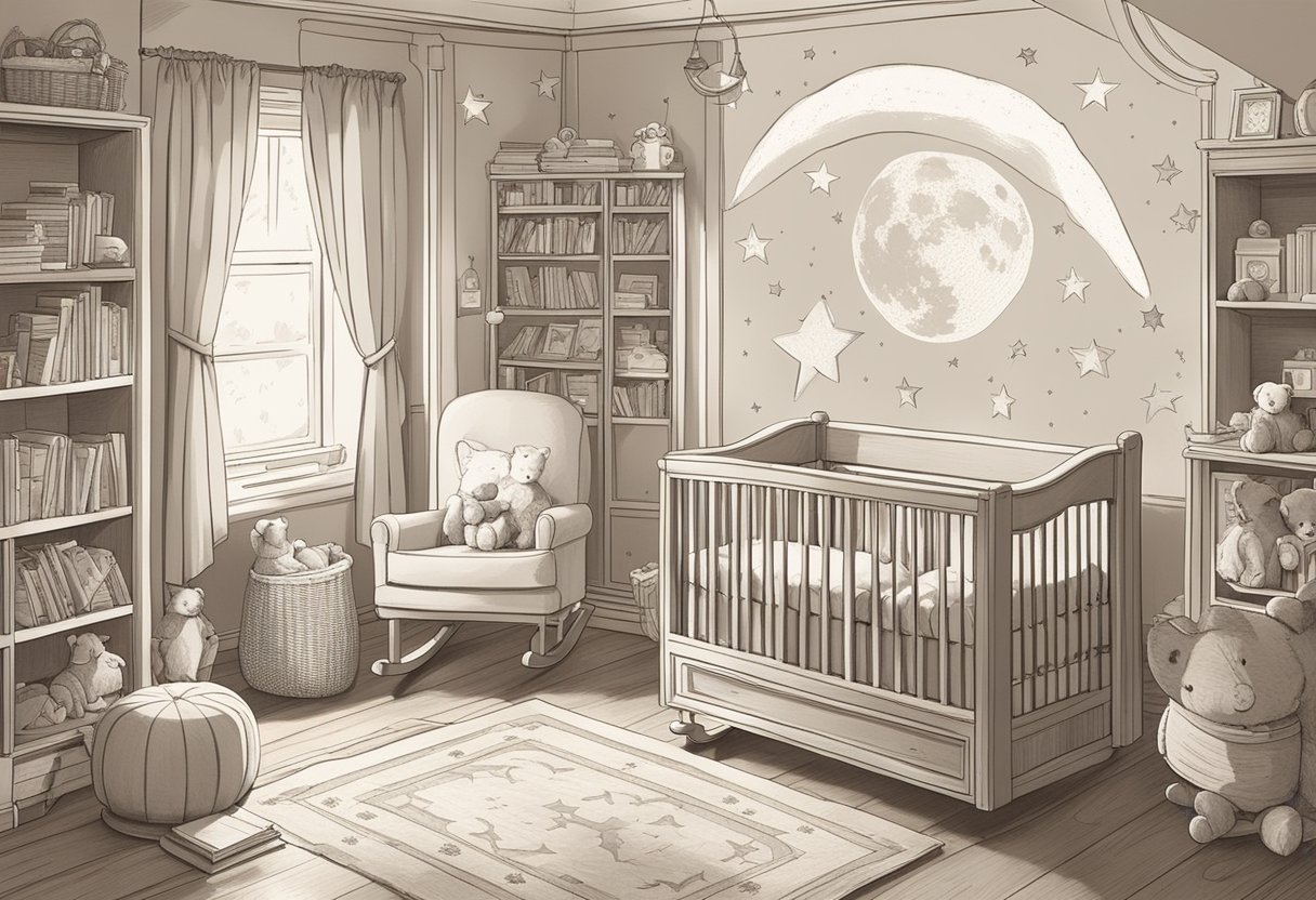 A cozy nursery with vintage baby name books, a classic rocking chair, and a timeless mobile of stars and moons