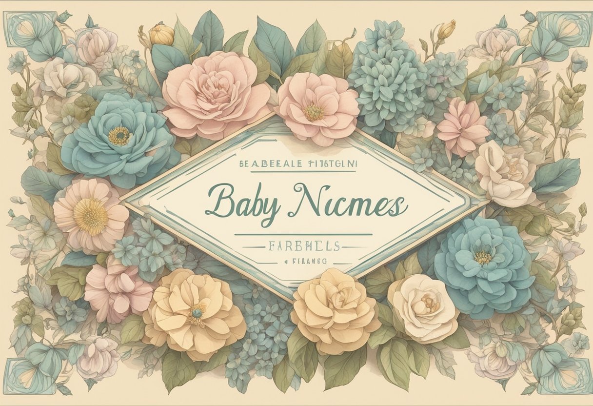 A collection of classic baby names displayed on a vintage-inspired sign, surrounded by soft pastel colors and delicate floral accents