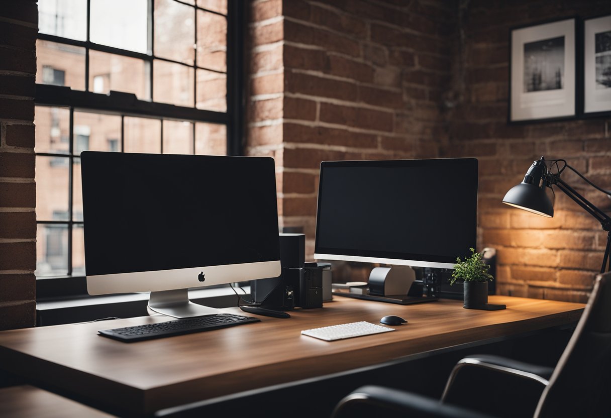 A sleek desk with a minimalist computer setup, surrounded by exposed brick walls and metal accents. A large window lets in natural light, while industrial-style lighting fixtures hang overhead