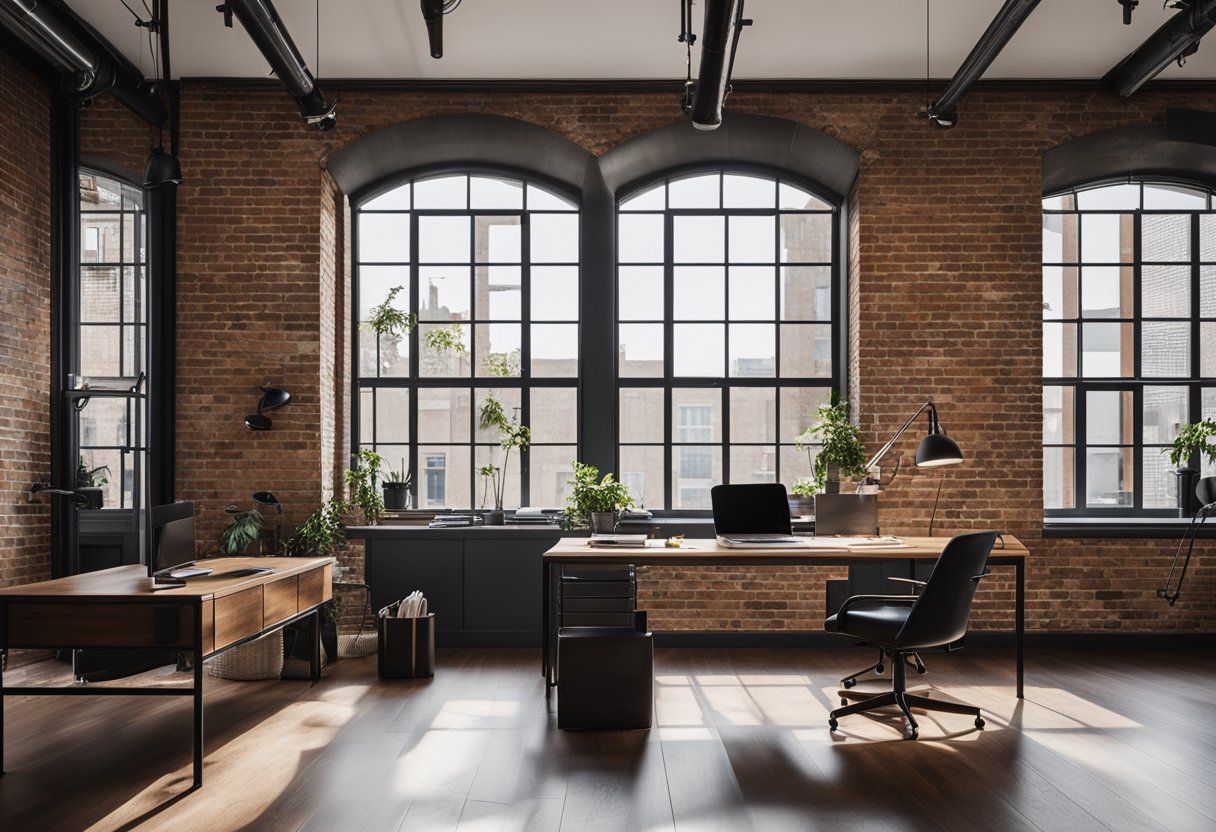 A spacious, minimalist home office with exposed brick walls, metal piping, and sleek wooden furniture. Large windows allow natural light to fill the room, creating a bright and inspiring workspace