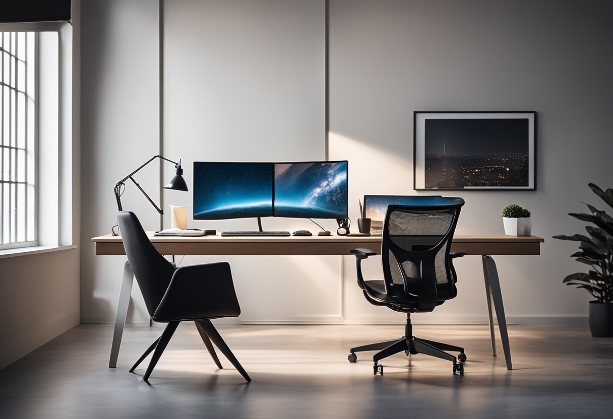 A sleek desk with dual monitors, ergonomic chair, and minimalist decor in a bright, spacious room with large windows and industrial lighting