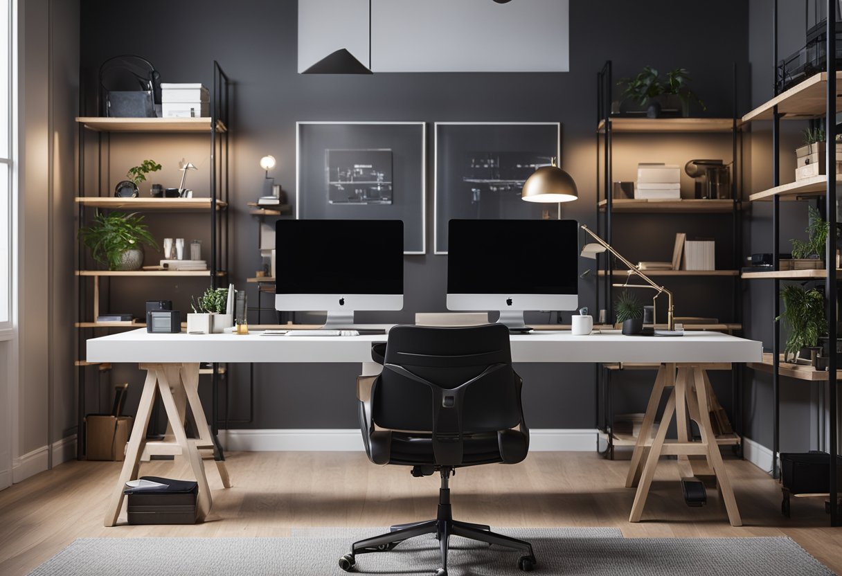 A sleek, minimalist home office with clean lines, modern furniture, and industrial lighting. A large desk with a computer, shelves with neatly organized supplies, and a comfortable chair complete the scene