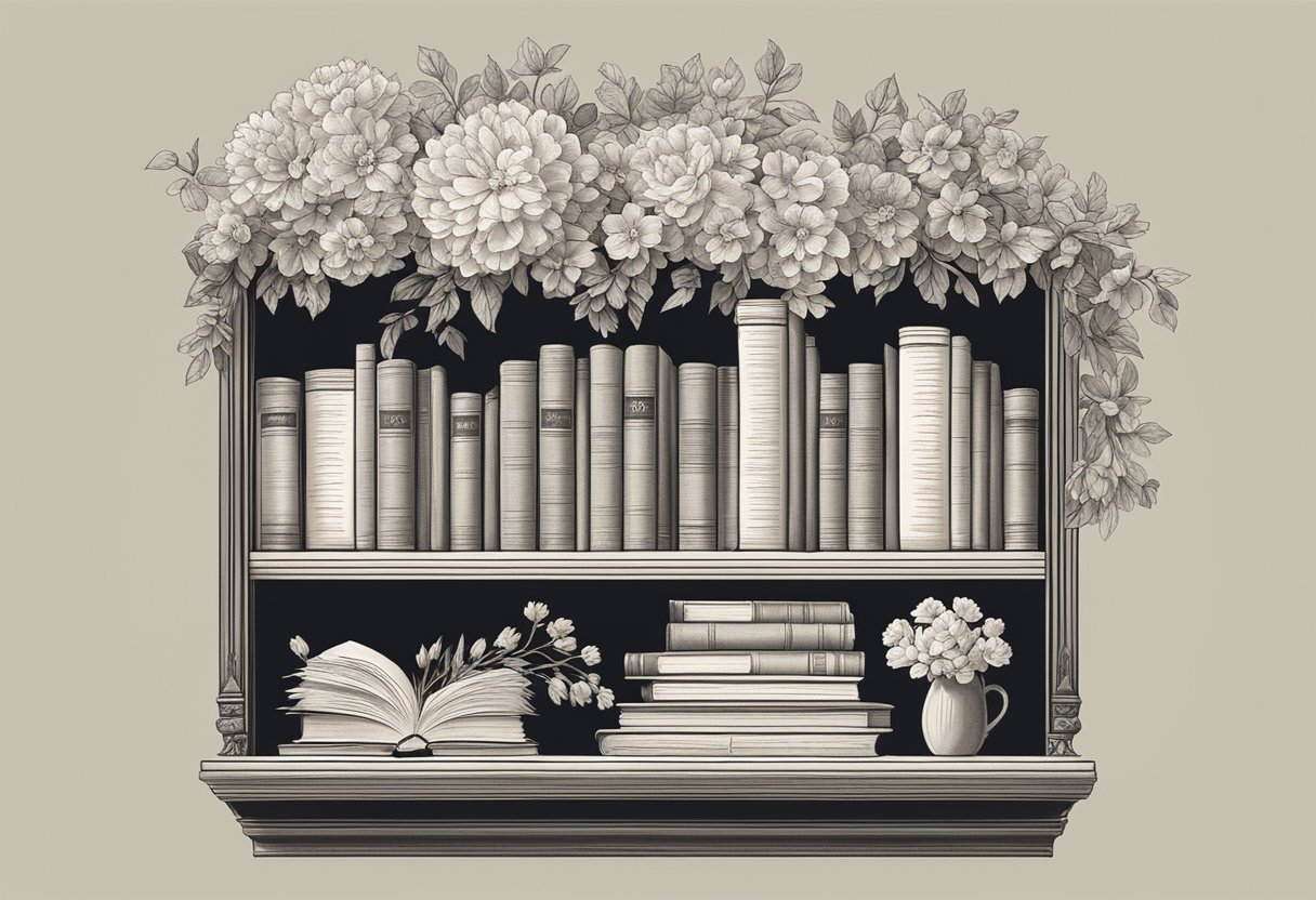 A vintage bookshelf with classic baby name books, a bouquet of timeless flowers, and a delicate lace ribbon