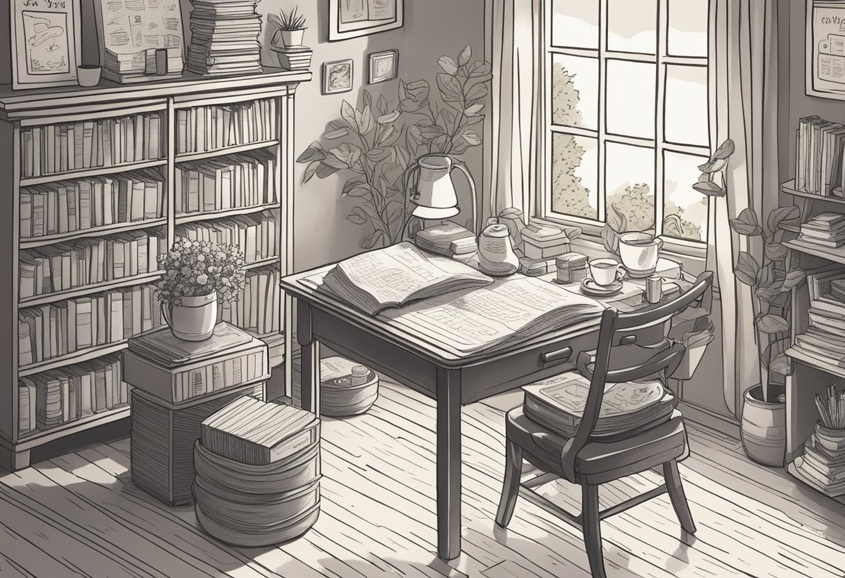 A cozy, sun-filled room with a vintage desk covered in baby name books and a notepad filled with scribbled ideas. A cup of tea steams nearby