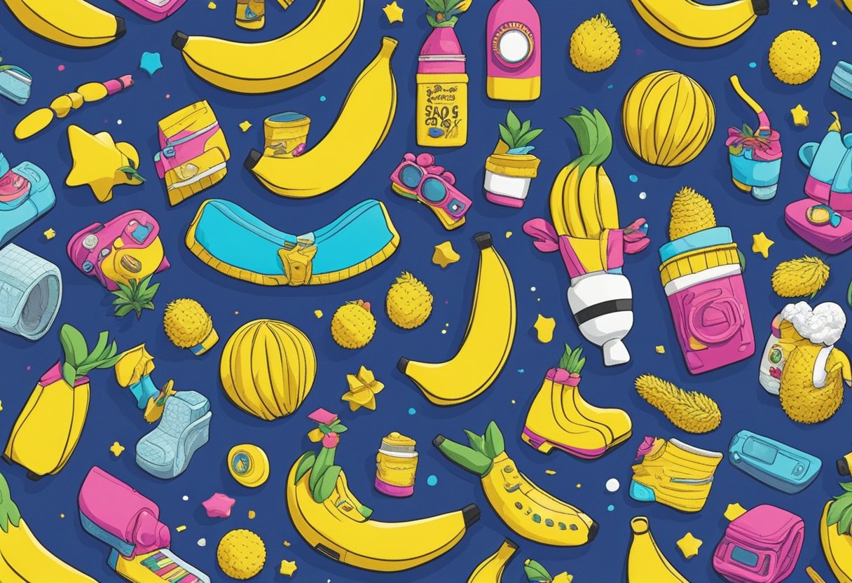 A collection of comically named objects, like a "Mr. Banana Fanna" toy and a "Silly Socks" brand, scattered on a colorful, whimsical backdrop