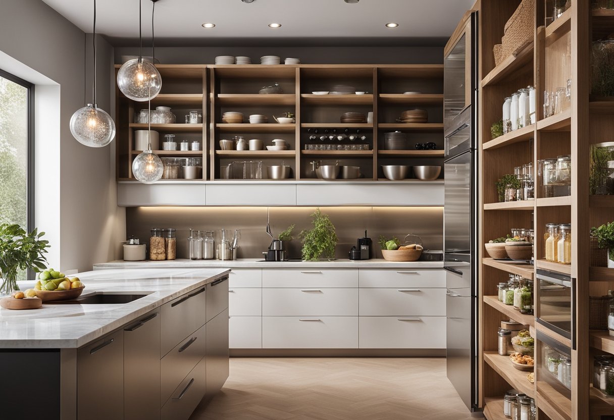 Sleek pantry with stainless steel appliances, marble countertops, and open shelving. Natural light floods in through large windows, illuminating the contemporary space