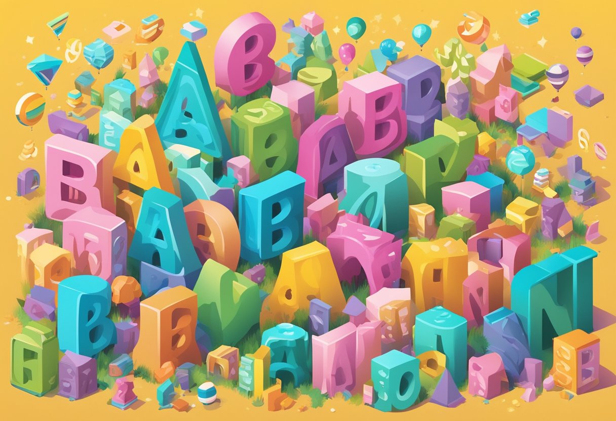 A colorful array of playful and whimsical baby names are scattered across a vibrant backdrop, evoking laughter and joy