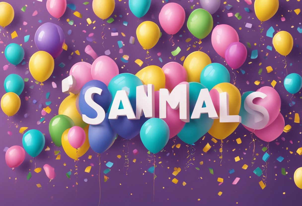 A colorful array of playful, whimsical baby names floating above a cheerful backdrop of balloons and confetti