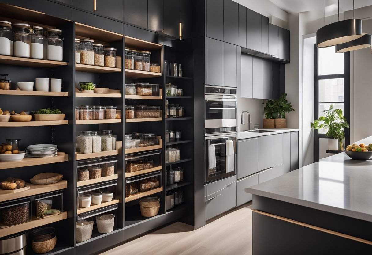A sleek, open-concept pantry with clean lines, modern appliances, and ample storage. Natural light floods the space, highlighting the minimalist aesthetic and inviting atmosphere