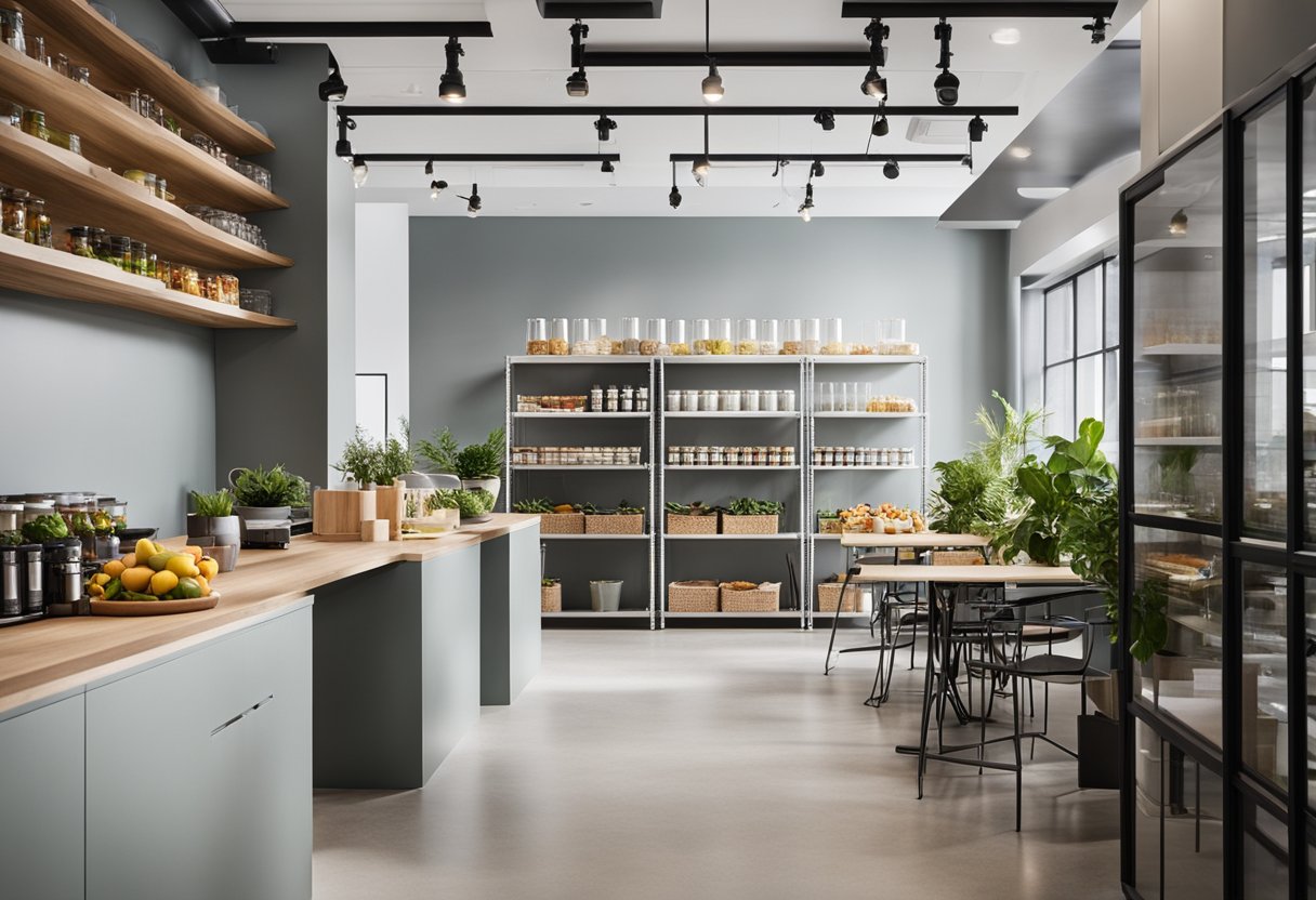 The modern office pantry features sleek, minimalist design with vibrant pops of color. Open shelving displays healthy snacks and beverages, while a communal table encourages collaboration and socializing