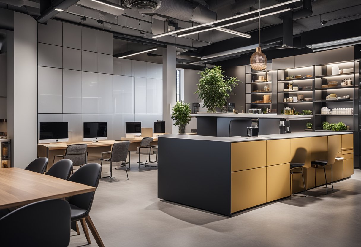 A sleek, open-concept office pantry with modern appliances, ample storage, and a stylish seating area for employees to relax and socialize