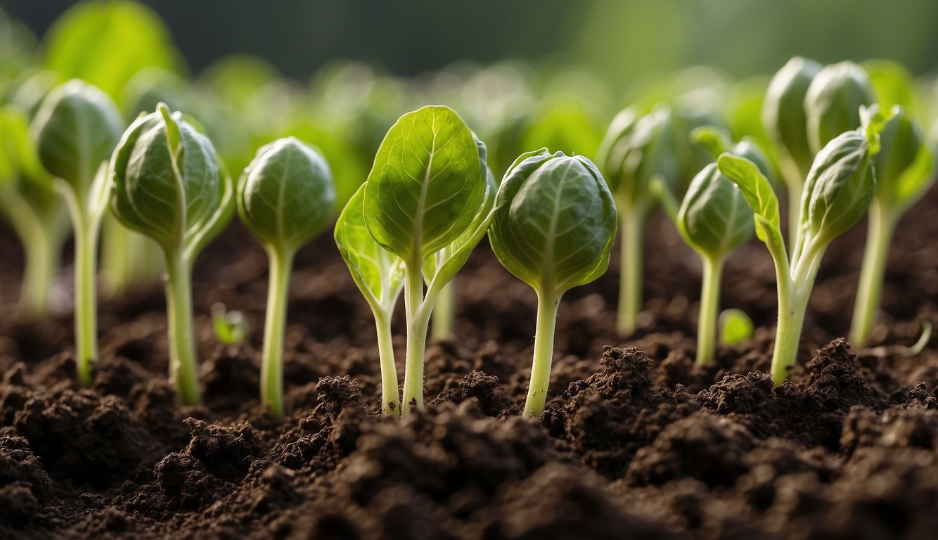 Brussel sprout seedlings emerge from rich soil, vibrant green leaves reaching towards the sun. Their tiny, delicate stems support miniature heads, promising a bounty of nutrition and flavor