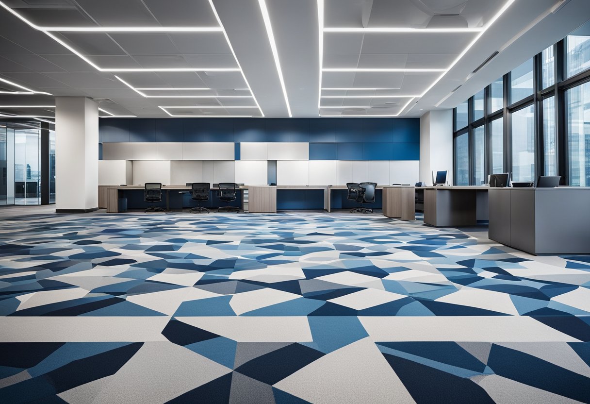 A modern office space with geometric patterned carpet tiles in various shades of blue, grey, and white. The tiles are arranged in a seamless and innovative design, creating a sleek and professional atmosphere