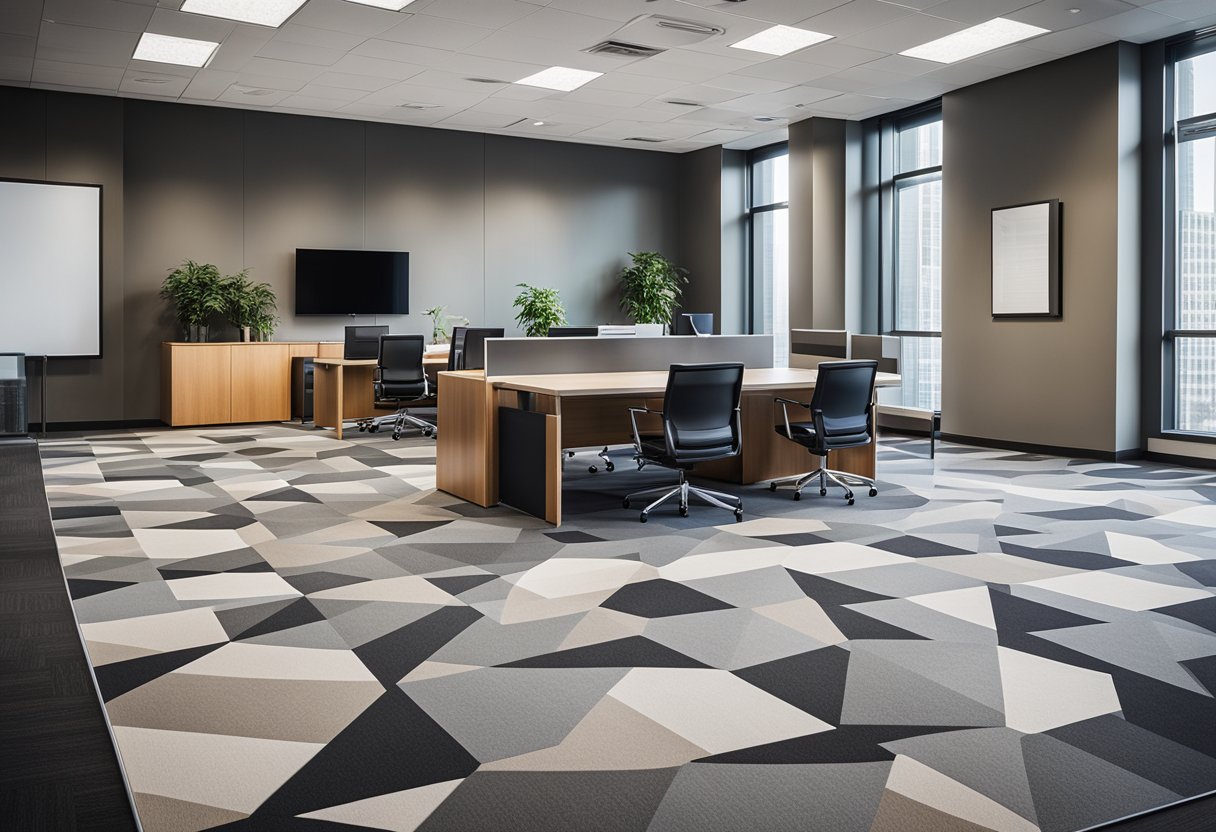A modern office space with carpet tiles arranged in a geometric pattern, creating a sleek and professional look. The tiles are in neutral tones, with some pops of color to add visual interest