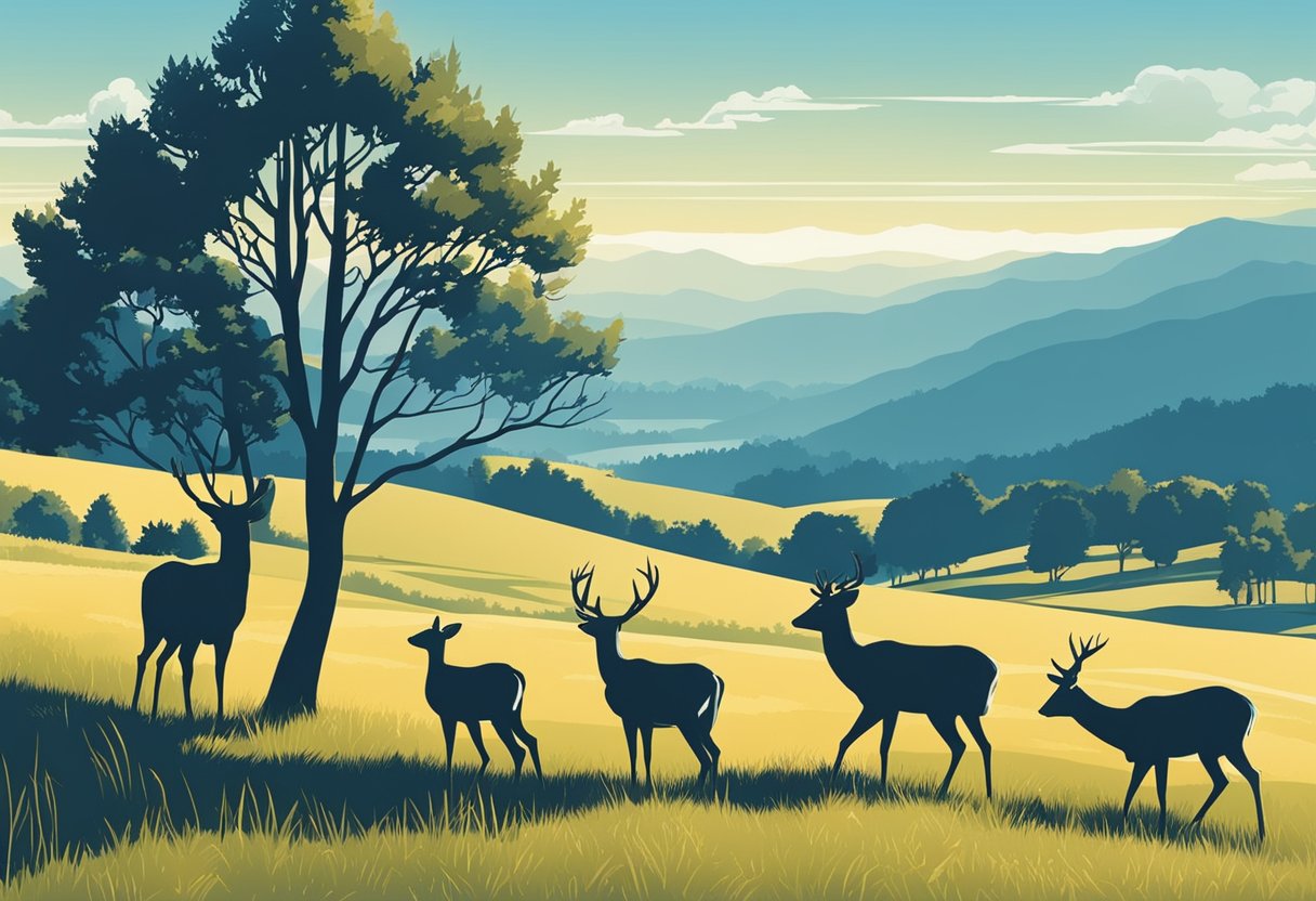 A family of deer grazing in a meadow, with a backdrop of rolling hills and a clear blue sky