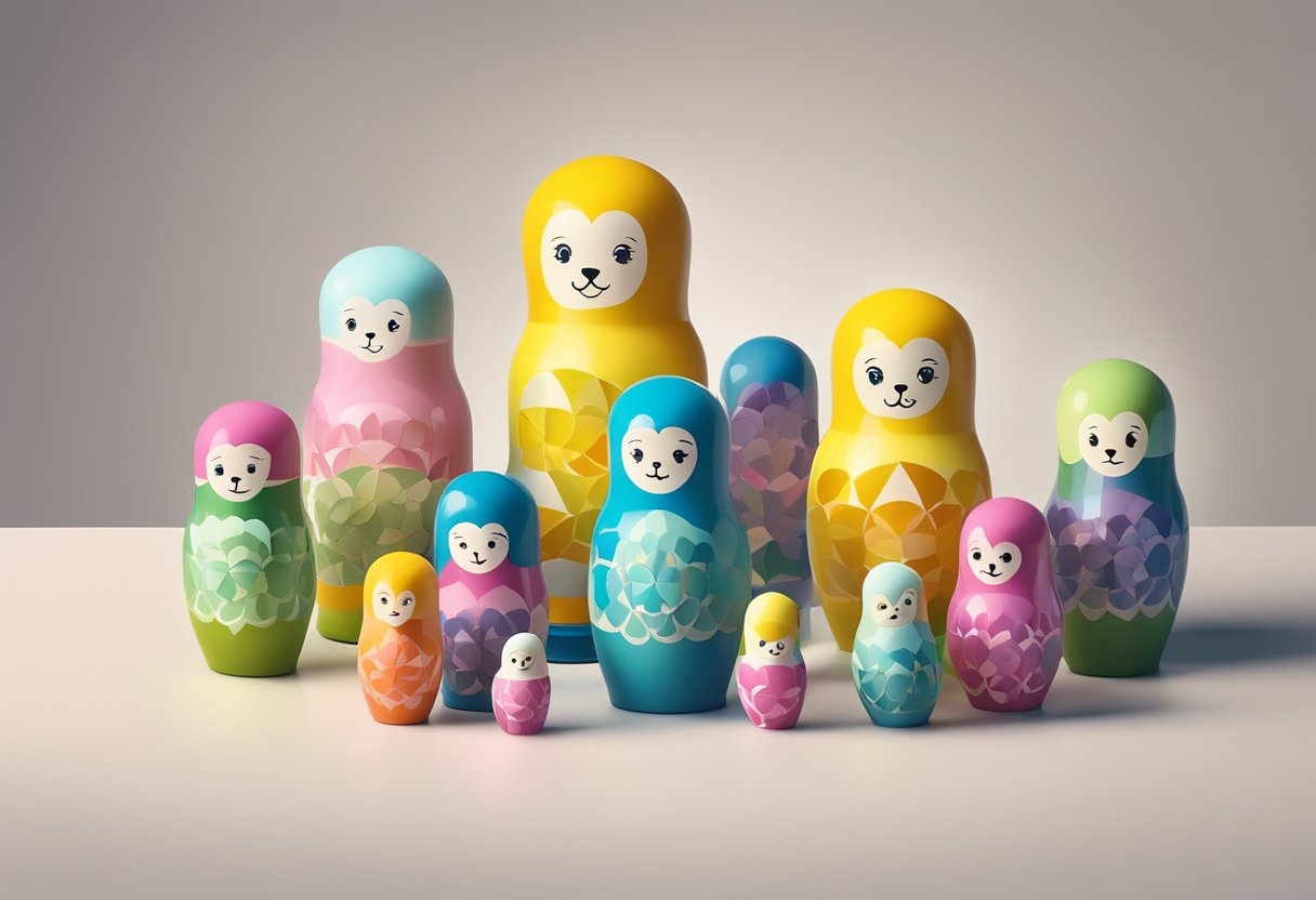 A stack of colorful baby blocks sits next to a family of nesting dolls, with a teddy bear peeking out from behind