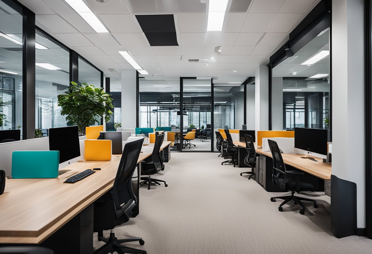 A modern, open-concept office space with natural light, flexible furniture, and vibrant pops of color throughout the design