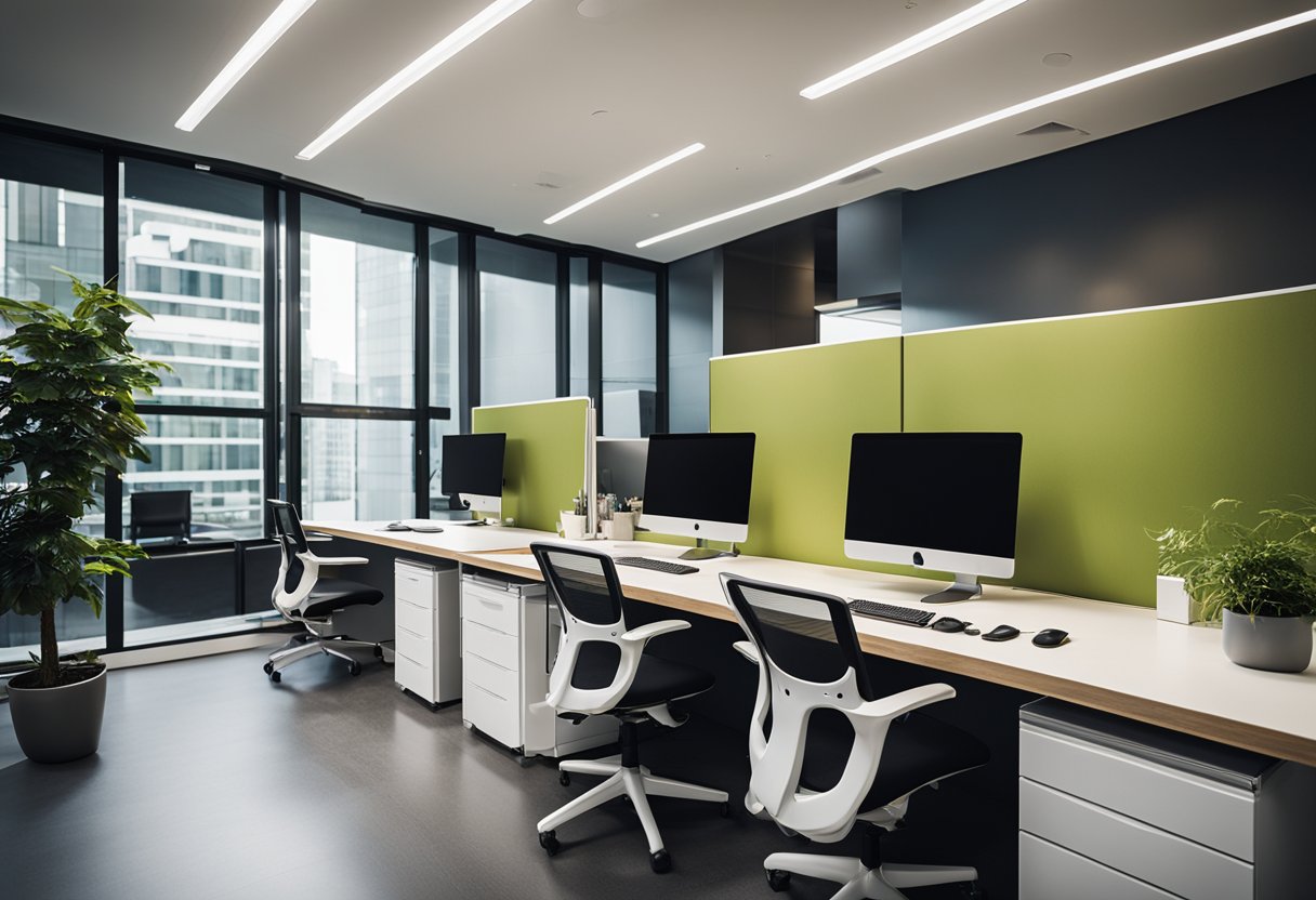 An open, well-lit office space with ergonomic furniture, ample storage, and efficient workstations for collaboration and privacy