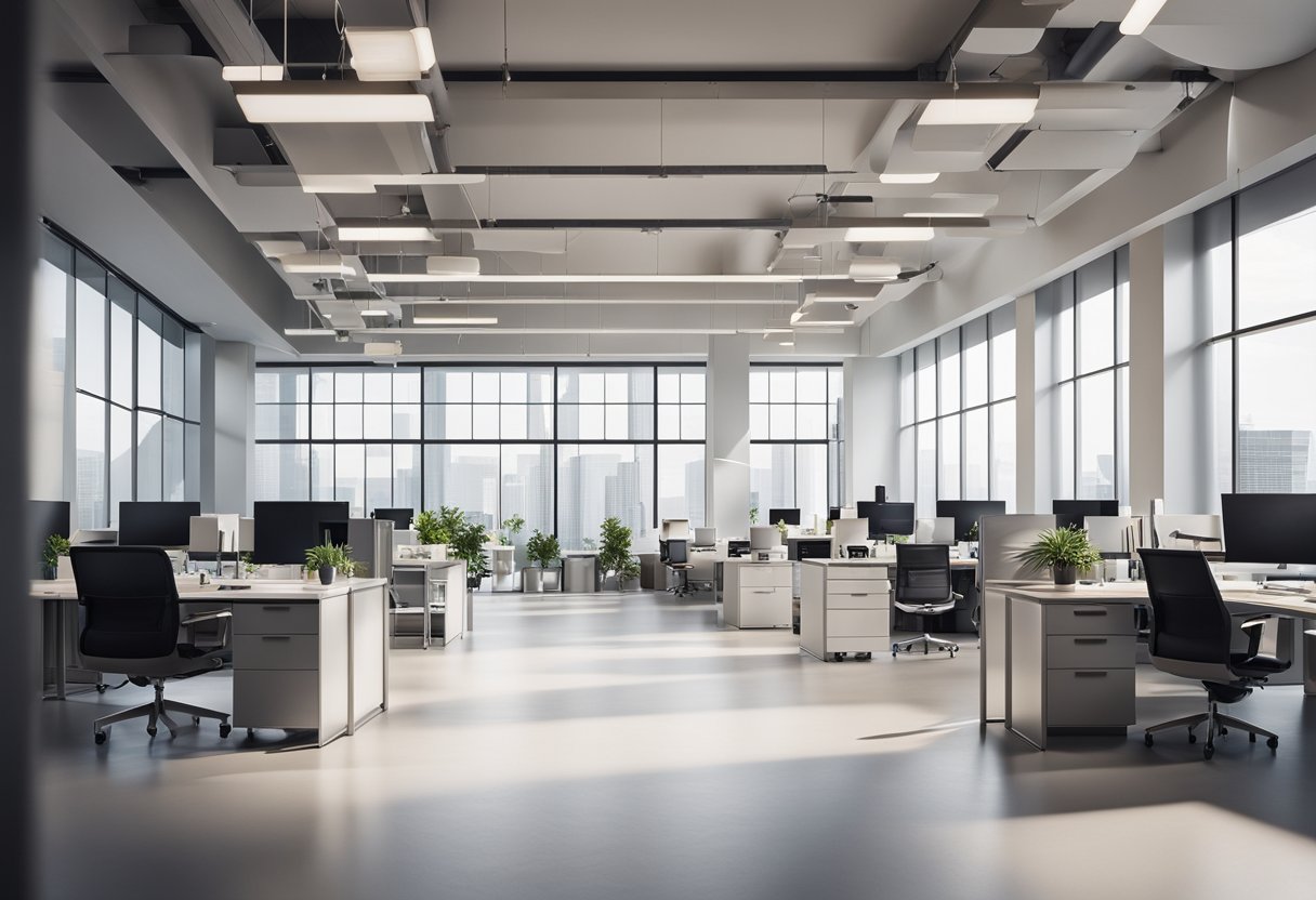 A modern, open-concept office space with sleek, innovative design elements and architectural models displayed throughout. Natural light floods the room, highlighting the clean lines and minimalist aesthetic