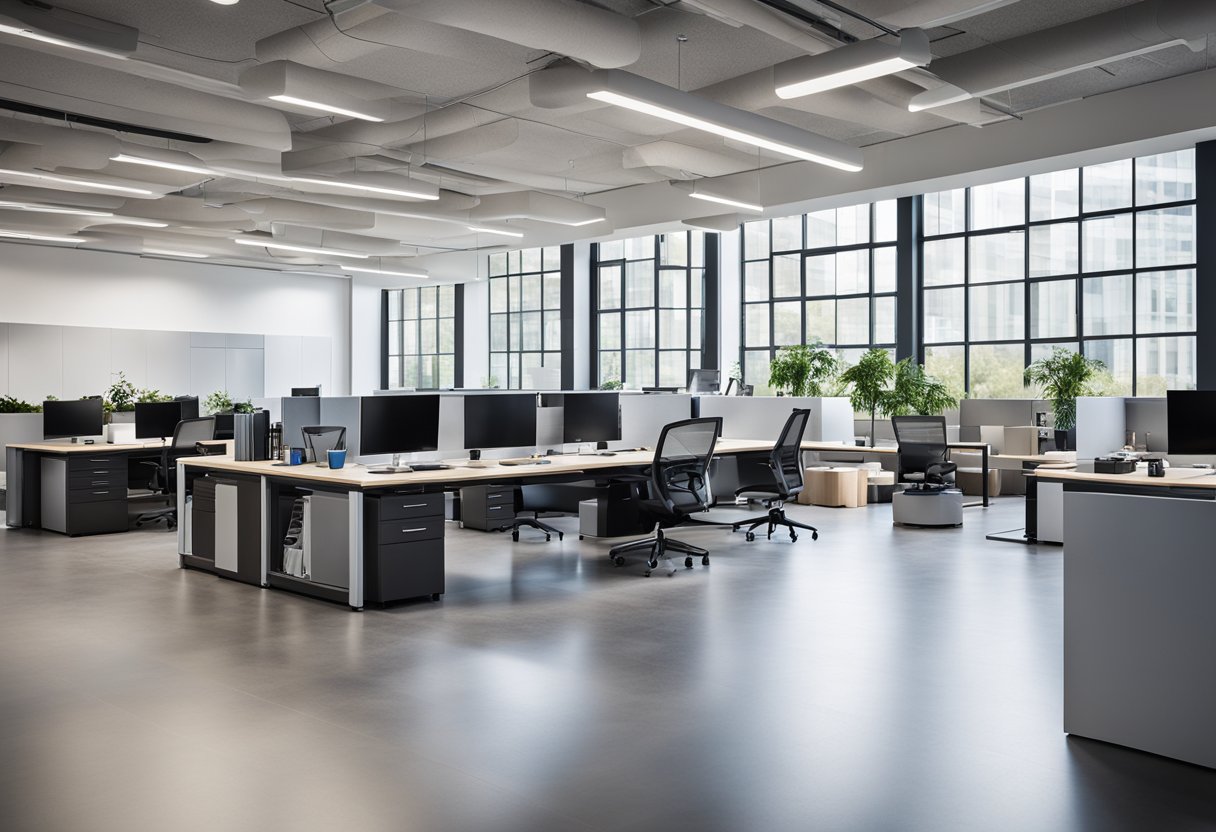 A modern office space with open floor plan, natural lighting, collaborative workstations, and integrated technology