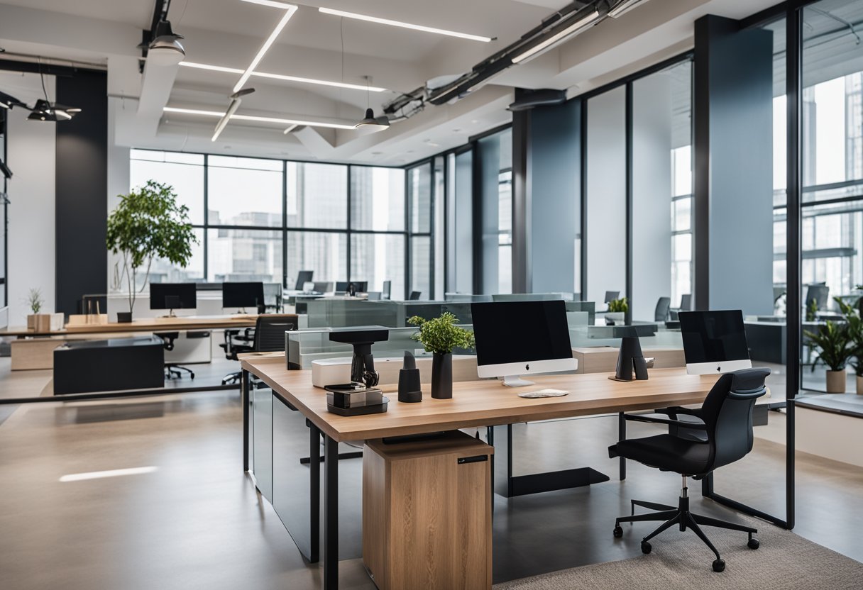 An architect's office with modern furnishings, open floor plan, and ample natural light. A reception area with a sleek desk and comfortable seating. Glass partitions separate private workspaces