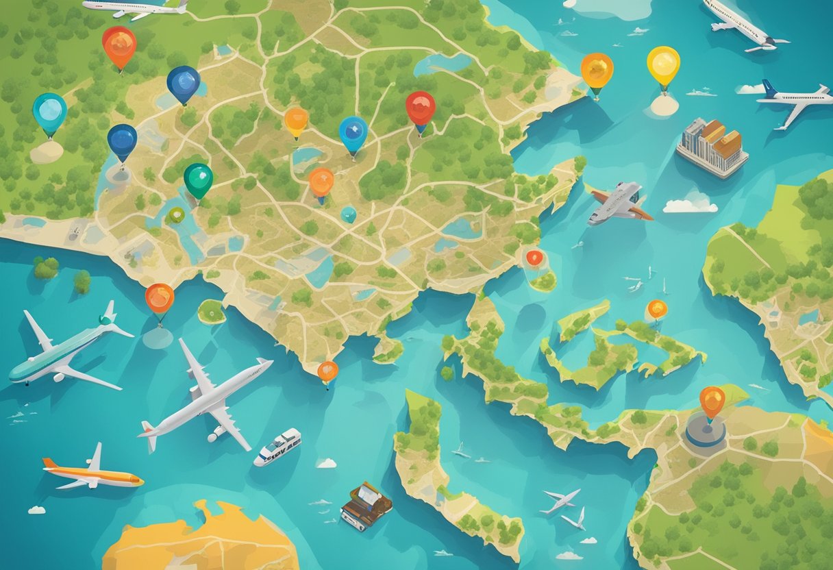 A map of the world with colorful pins marking different locations, surrounded by travel-themed items such as suitcases, airplanes, and passports