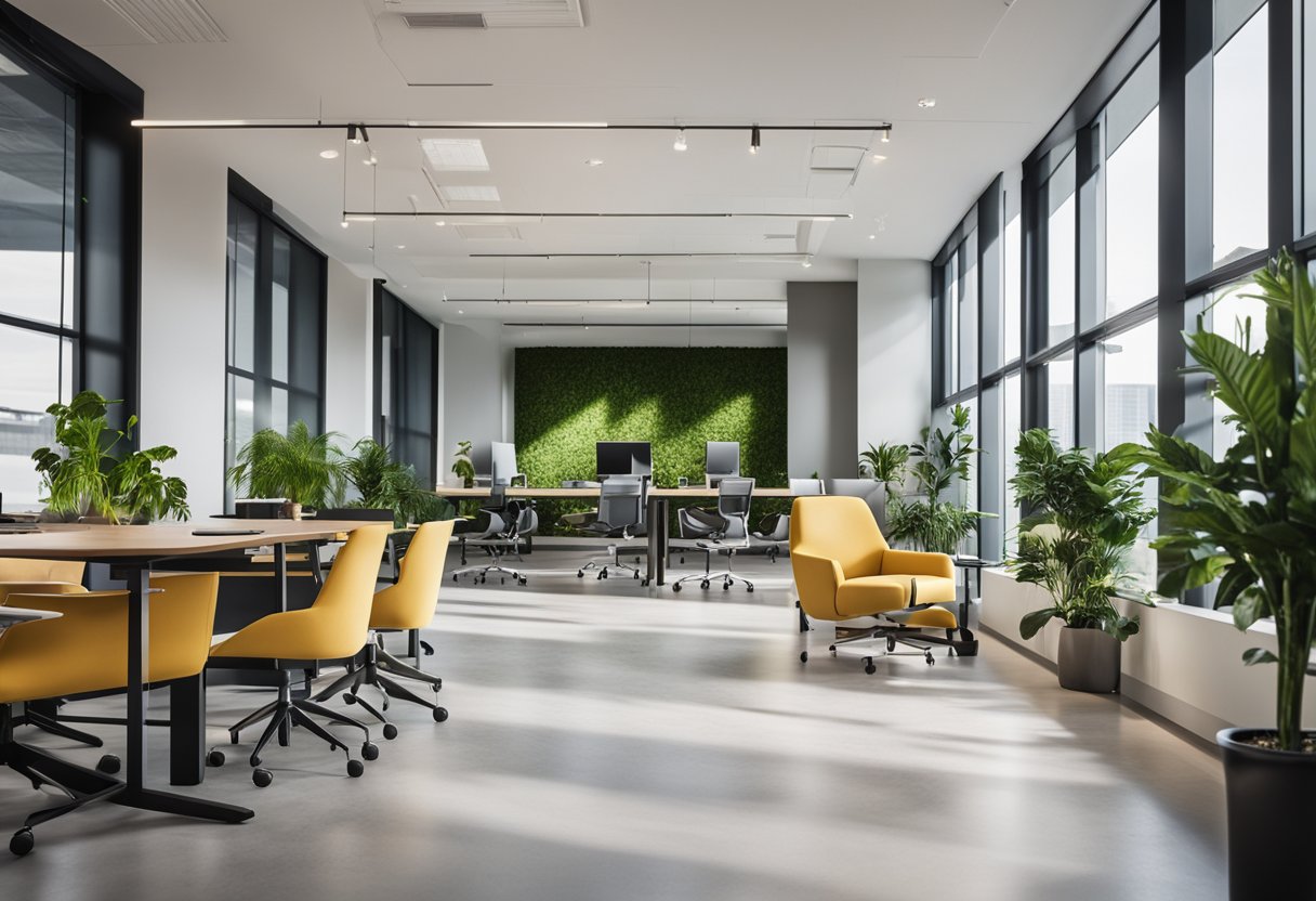 A modern office with open floor plan, sleek furniture, and vibrant accent colors. Large windows provide natural light, while plants and artwork add a touch of creativity