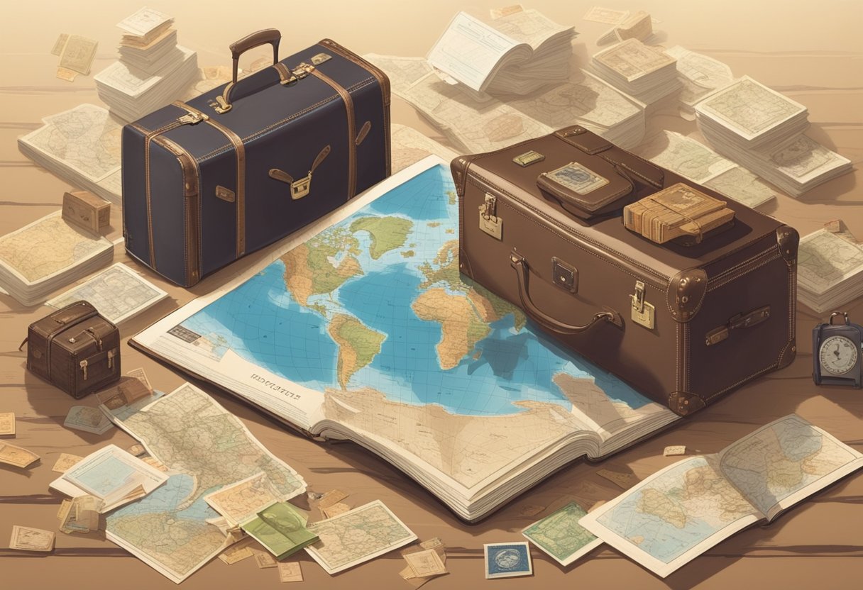 A world map with vintage suitcases and passport stamps scattered around, surrounded by travel books and postcards