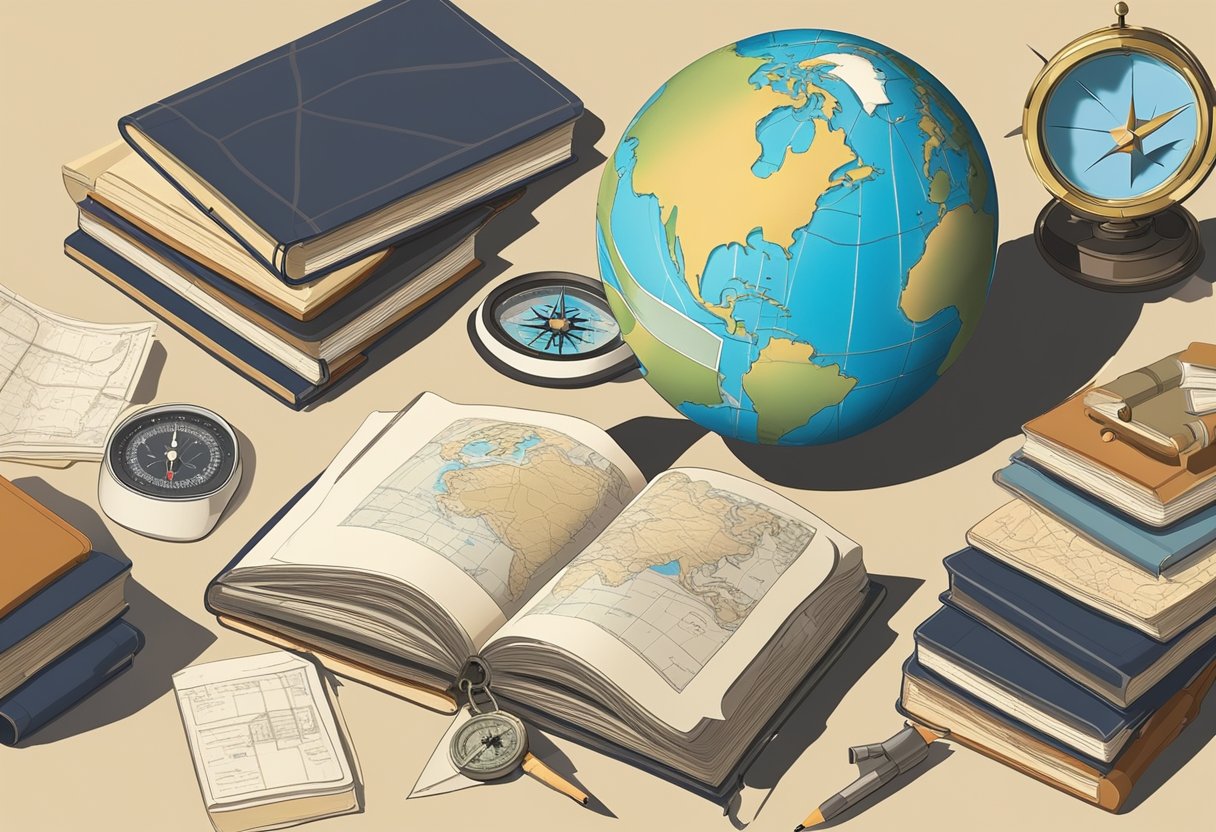 A globe surrounded by travel books, maps, and a compass, with a pencil and notepad for brainstorming
