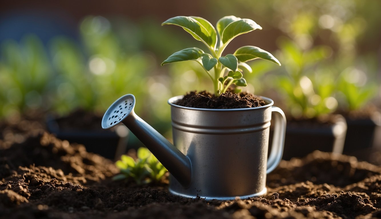 A seedling sits in a small pot, surrounded by soil and bathed in gentle sunlight. A small watering can is nearby, ready to nourish the young plant