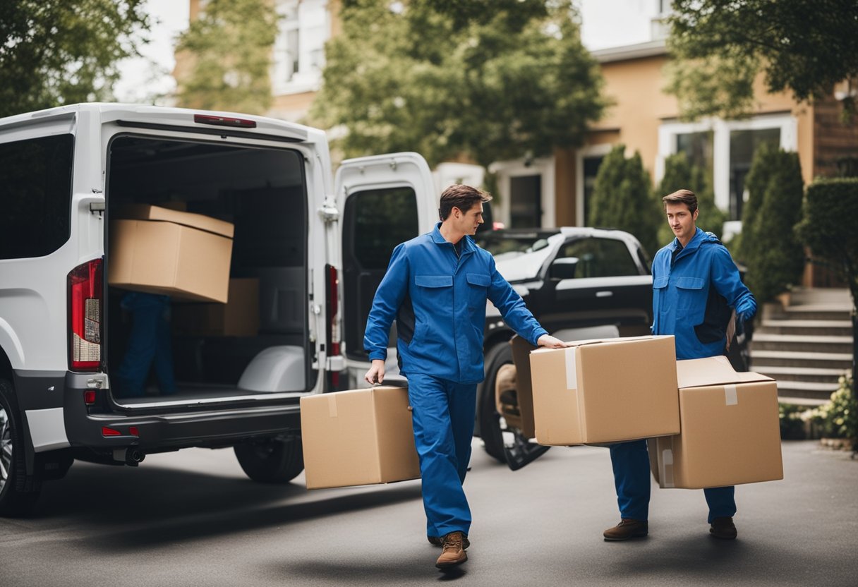 Movers load boxes onto a truck, wrap furniture in blankets, and carry heavy items down stairs