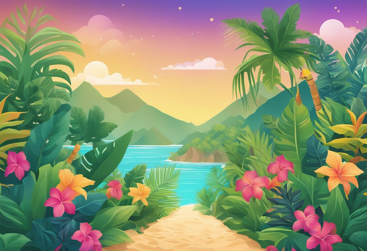 Tropical-themed baby names displayed on vibrant, exotic foliage backdrop