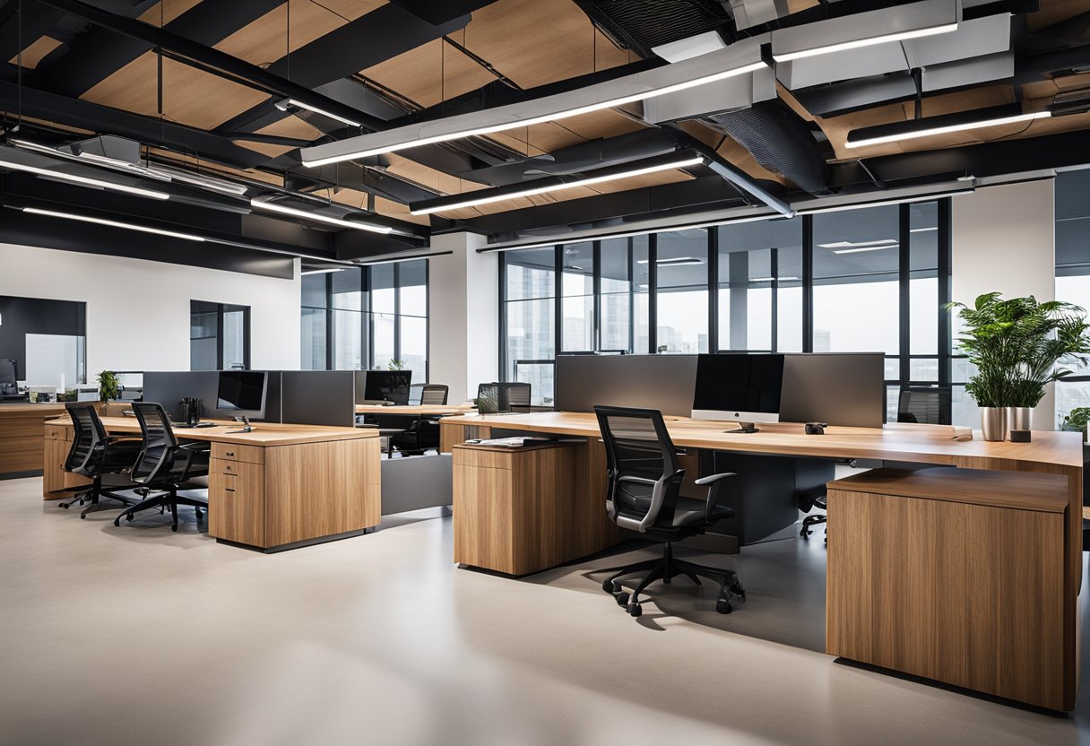 Sleek, modern office furniture arranged in an open-concept workspace with large windows, incorporating natural materials and regional design influences