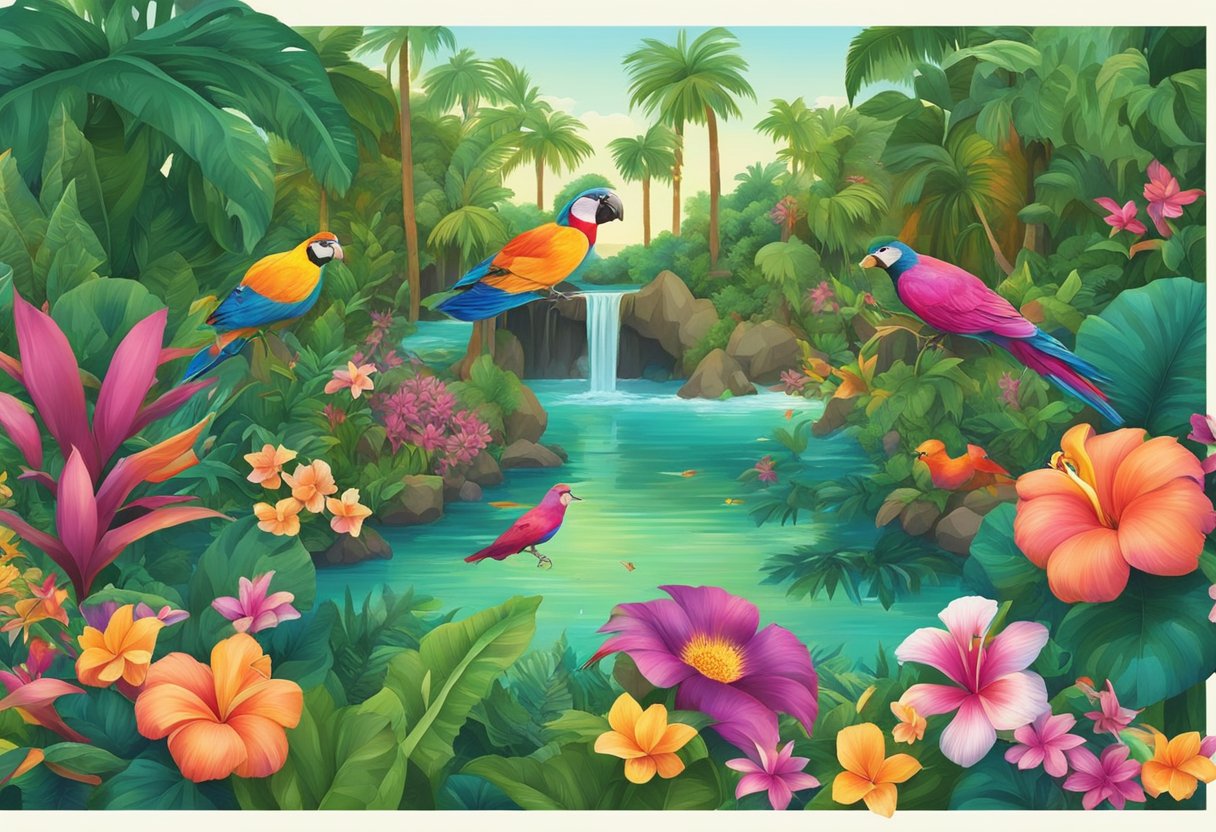 A tropical paradise with vibrant flowers, exotic fruits, and colorful birds in a lush, green setting