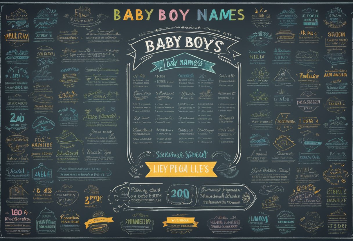 A list of trendy baby boy names displayed on a colorful, modern chalkboard with playful and stylish typography