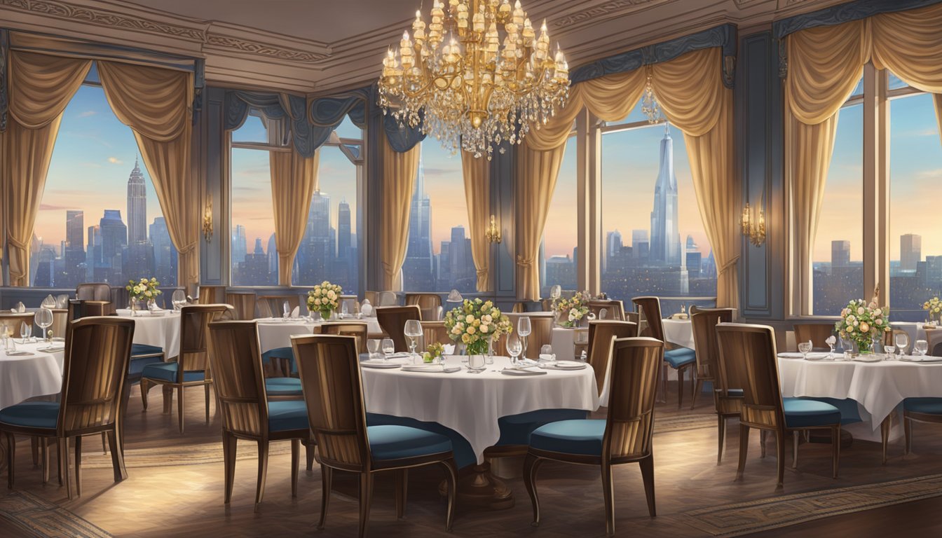 The elegant Royale Restaurant features a grand chandelier, ornate table settings, and a view of the city skyline