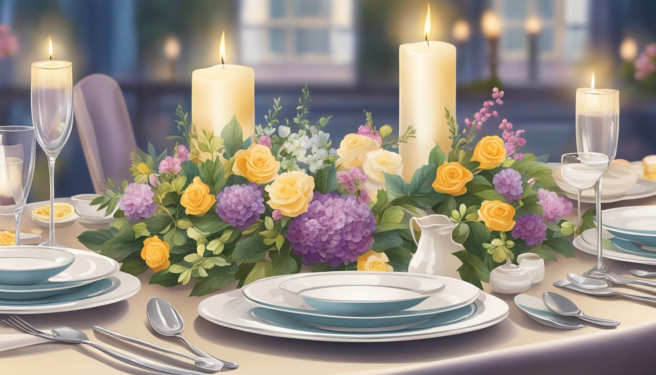 A table set with elegant dinnerware, surrounded by vibrant floral arrangements and soft candlelight, showcasing a variety of exquisite dishes from the menu at Royale Royale restaurant