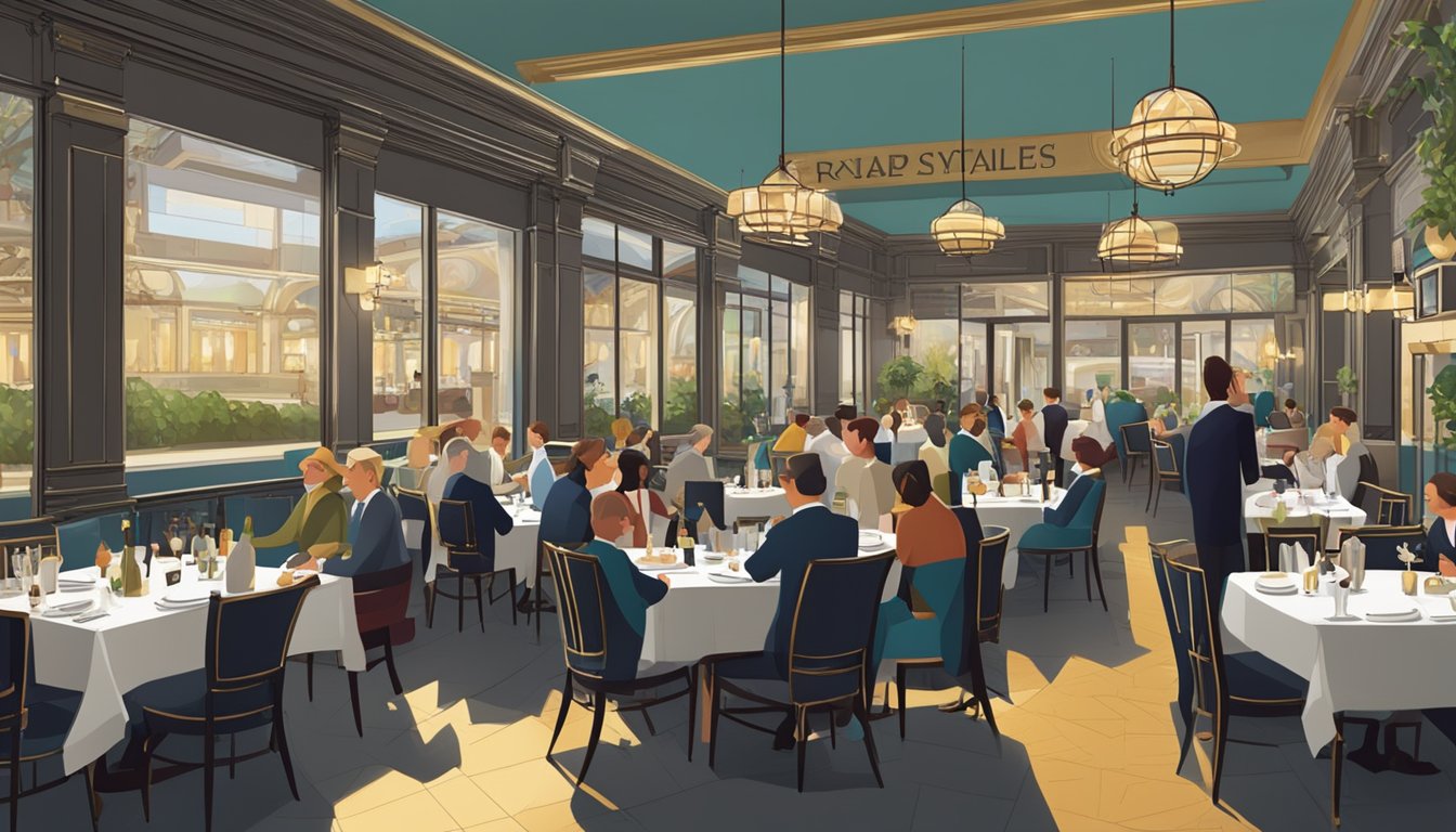 A bustling restaurant with a large sign reading "Frequently Asked Questions Royale." Diners enjoy their meals at elegant tables while staff members bustle about, attending to the needs of the guests