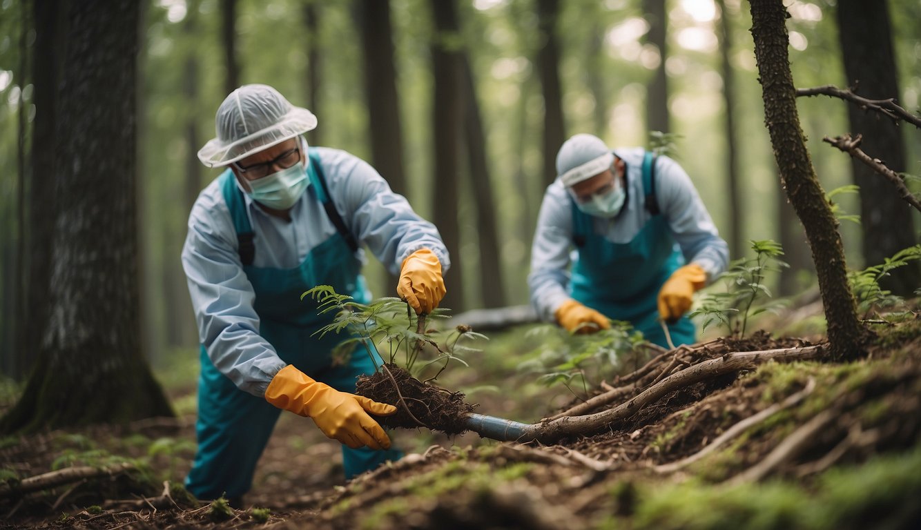 A team of workers apply fungicide to infected trees in a forest, using specialized equipment to treat armillaria root rot