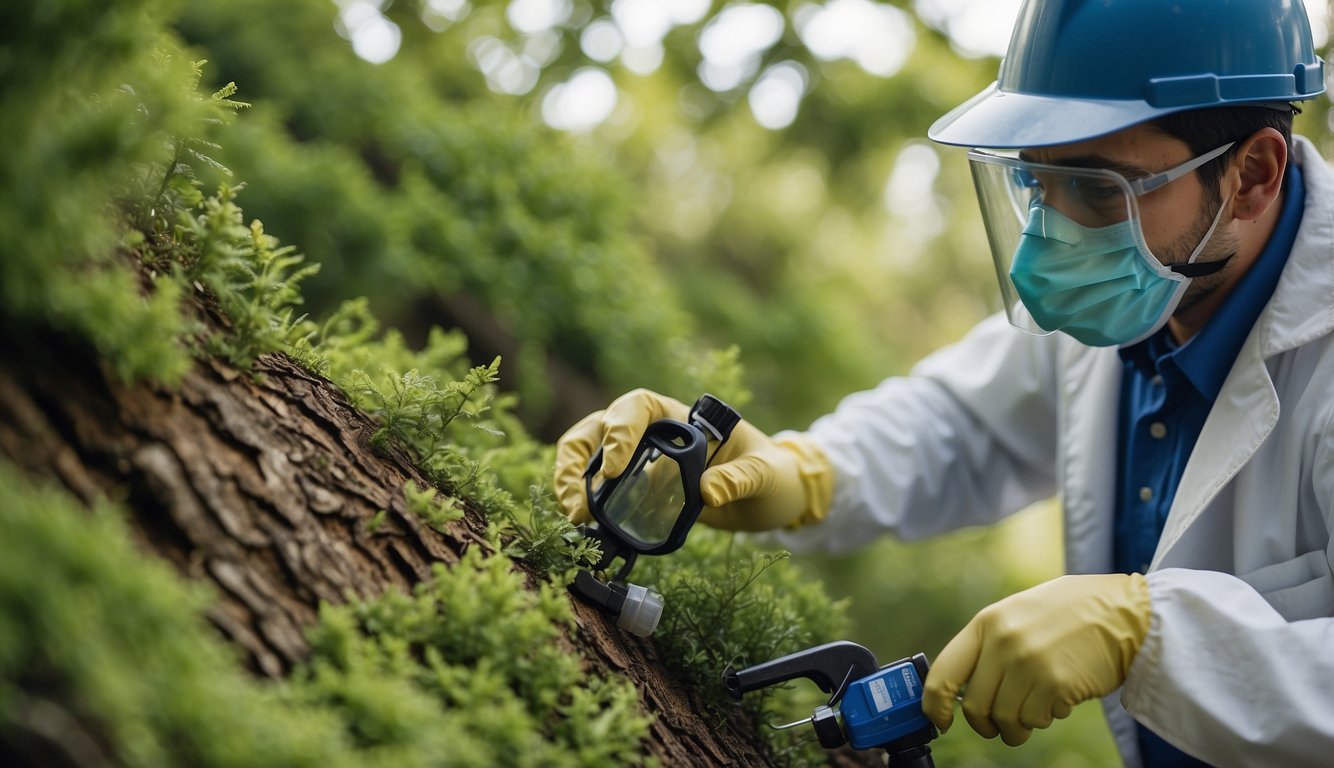 A technician applies a fungicide to the base of a tree, while another monitors the treatment's effectiveness